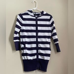 Take Out Striped Zip Up Hooded 3/4 Sleeve Sweatshirt